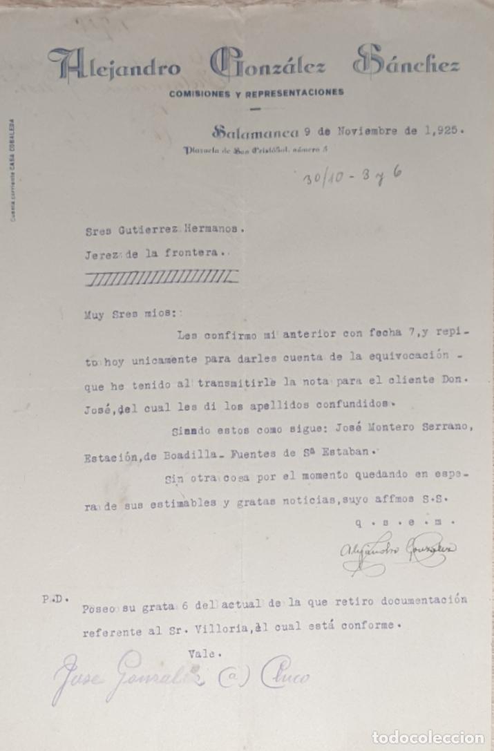 Commercial Letters: Carta comercial. Alejandro Gonz&aacute;lez S&aacute;nchez. Comisiones y Representaciones. Salamanca. 1925