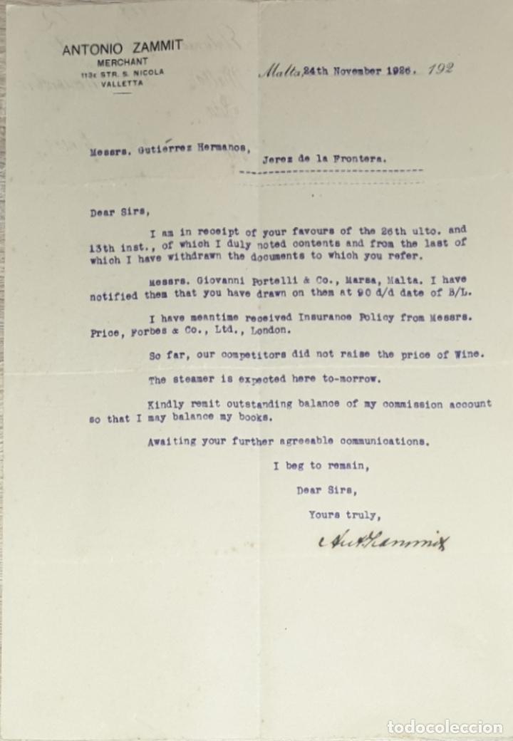 Gesch&auml;ftsbriefe: Carta comercial. Antonio Zammit.Merchant. Malta 1926