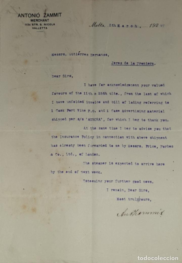 Gesch&auml;ftsbriefe: Carta comercial. Antonio Zammit.Merchant. Malta 1927