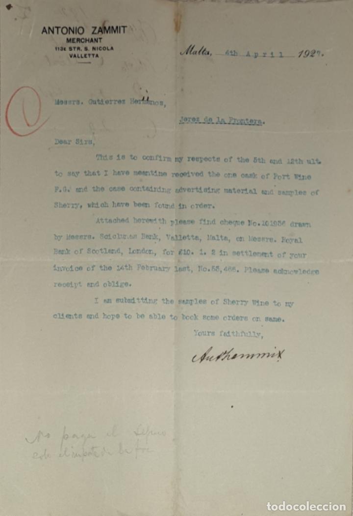 Gesch&auml;ftsbriefe: Carta comercial. Antonio Zammit.Merchant. Malta 1927