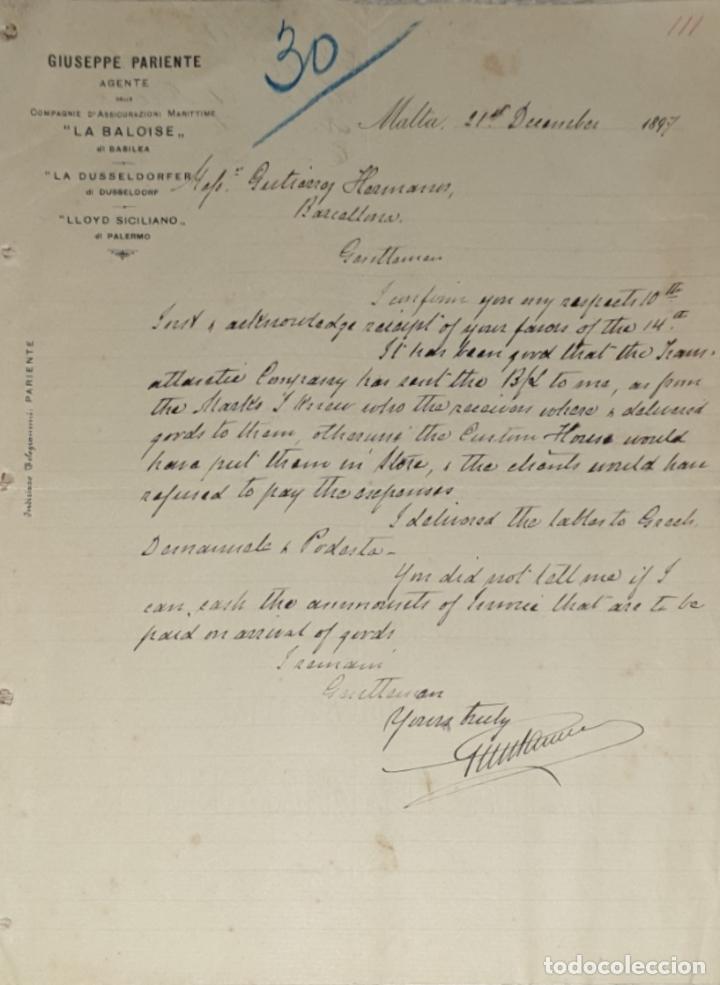 Gesch&auml;ftsbriefe: Carta comercial. Giuseppe Pariente. Agente. Malta 1897