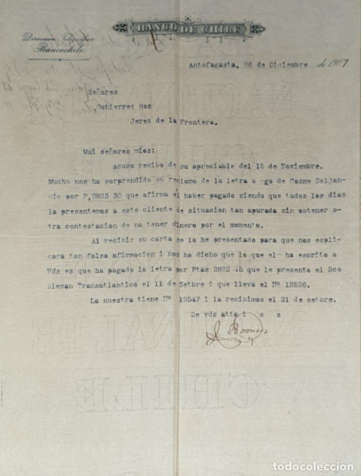 Gesch&auml;ftsbriefe: Carta comercial. Banco de Chile. Antofagasta. Chile 1907