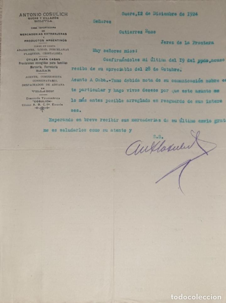 Cartas comerciales: Carta comercial. Antonio Cosulich. Casa Importadora de mercader&iacute;a extranjera. Sucre. Bolivia 1924