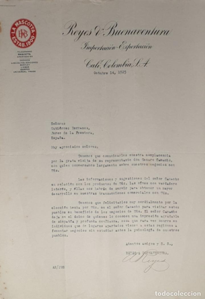 Cartas comerciales: Carta comercial. Reyes & Buenaventura. Importaci&oacute;n-Exportaci&oacute;n. Cali. Colombia 1925