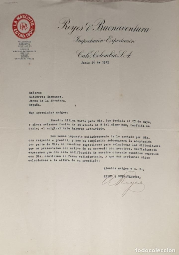 Cartas comerciales: Carta comercial. Reyes & Buenaventura. Importaci&oacute;n-Exportaci&oacute;n. Cali. Colombia 1925