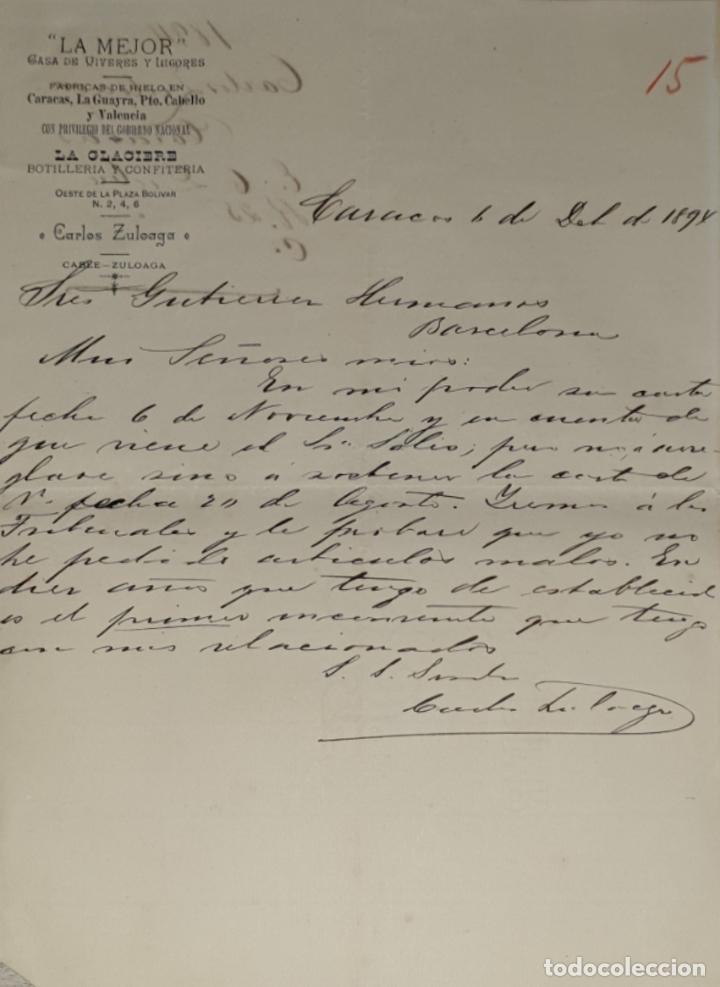 Cartas comerciales: Carta comercial. La Mejor. Casa de v&iacute;veres y Licores. Caracas. Venezuela 1894