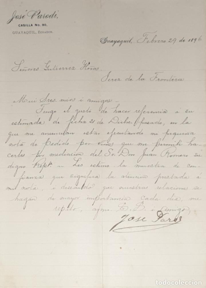 Cartas comerciales: Carta comercial. Jos&eacute; Parodi. Guayaquil. Ecuador 1896