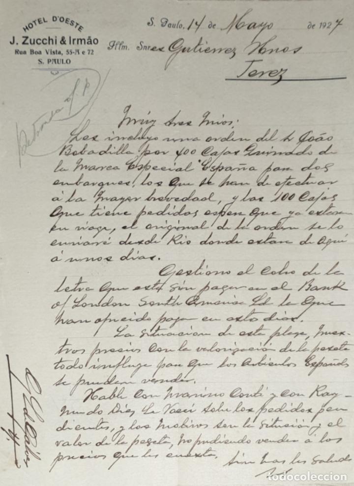 Cartas comerciales: Carta comercial. J. Zucchi & Irm&aacute;o. Hotel D&acute;Oeste. S. Paulo. Brasil 1927