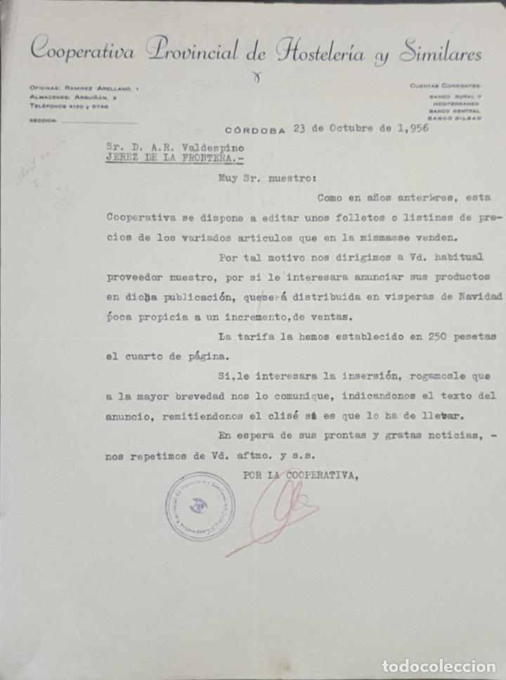 Cartas comerciais: Carta comercial. Cooperativa Provincial de Hosteler&iacute;a y Similares. C&oacute;rdoba. Espa&ntilde;a 1956