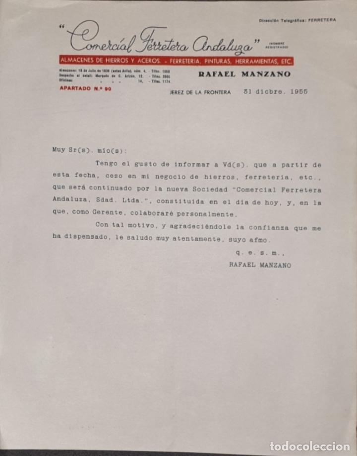 Cartas comerciais: Carta comercial. Rafael Manzano.Comercial Ferretera Andaluza.Almacen de hierros y aceros. Jerez 1955