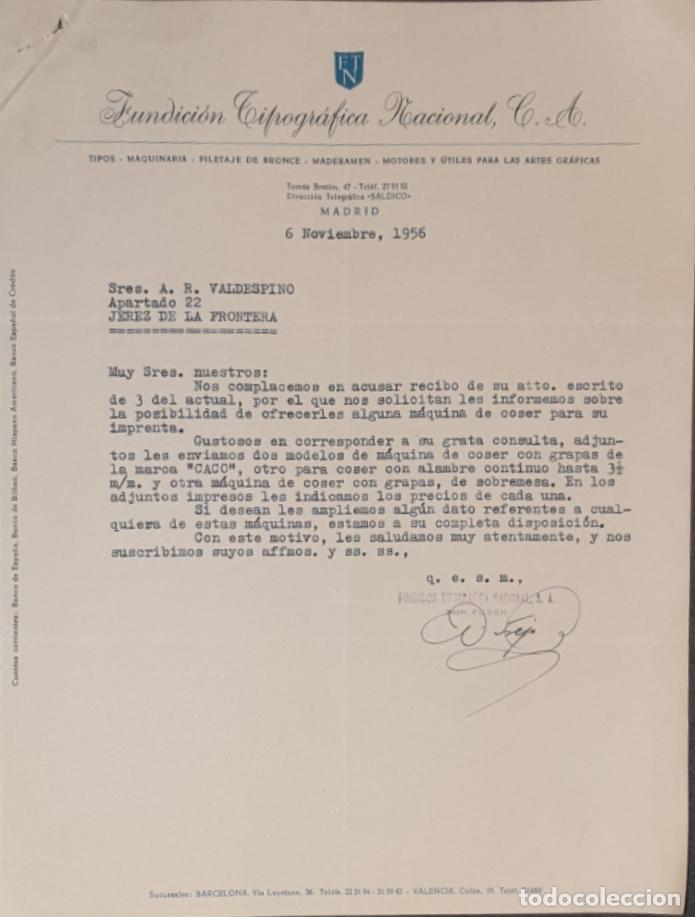 Cartas comerciais: Carta comercial. Fundici&oacute;n Tipogr&aacute;fica Nacional. Maquinaria- Filetaje de bronce. Madrid. Espa&ntilde;a 1956