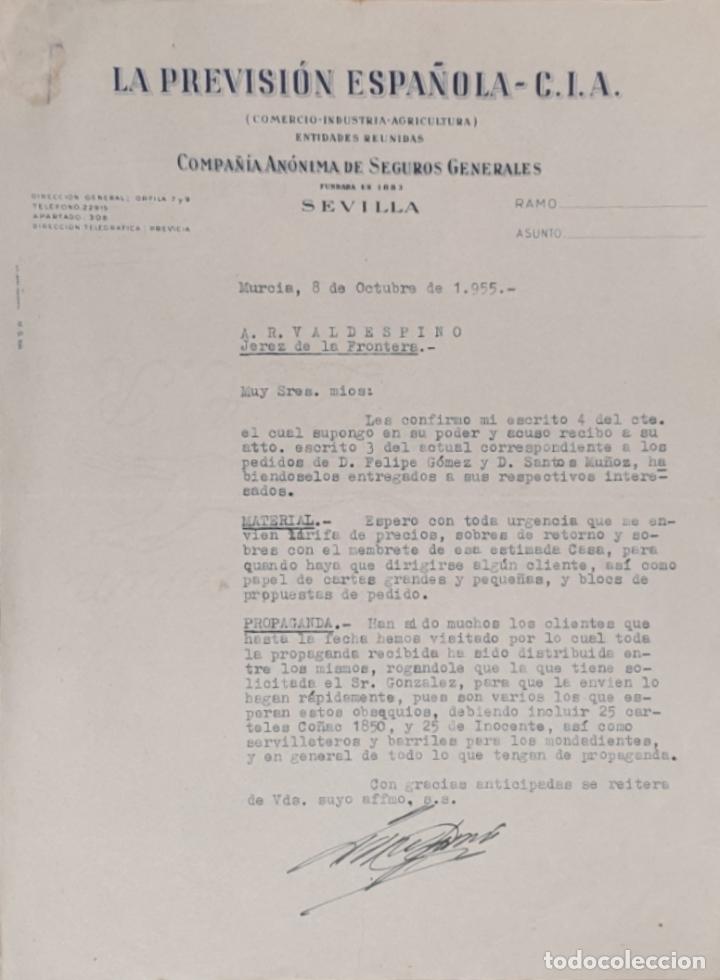 Cartas comerciais: carta comercial. La Previsi&oacute;n Espa&ntilde;ola C.L.A. Compa&ntilde;&iacute;a An&oacute;nima Seguros Generales.Sevilla 1955