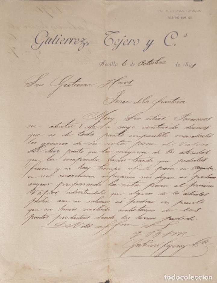 Cartas comerciais: Carta comercial. Gutierrez Tejero y C&ordf;. Sevilla. Espa&ntilde;a 1891