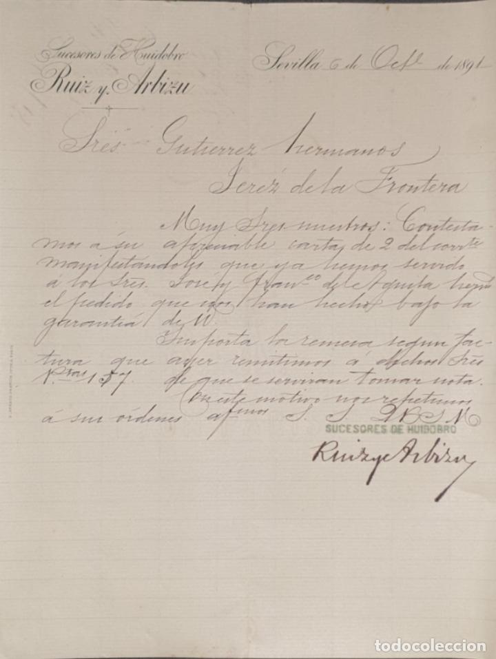 Cartas comerciais: Carta comercial. Ruiz y Arbizu. Sucesores de Huidobro. Sevilla. Espa&ntilde;a 1891