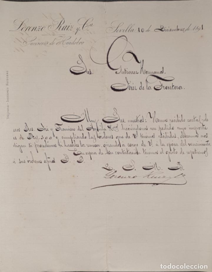 Cartas comerciais: Carta comercial. Lorenzo Ruiz y C&ordf;. Sucesores de Huidobro. Sevilla. Espa&ntilde;a 1891