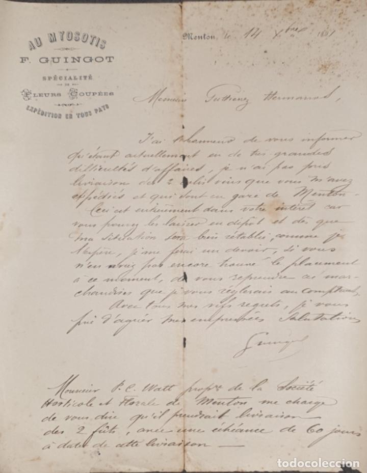 Cartas comerciais: Carta comercial. F. Guingot. Au Myosotis. Menton. Francia 1891