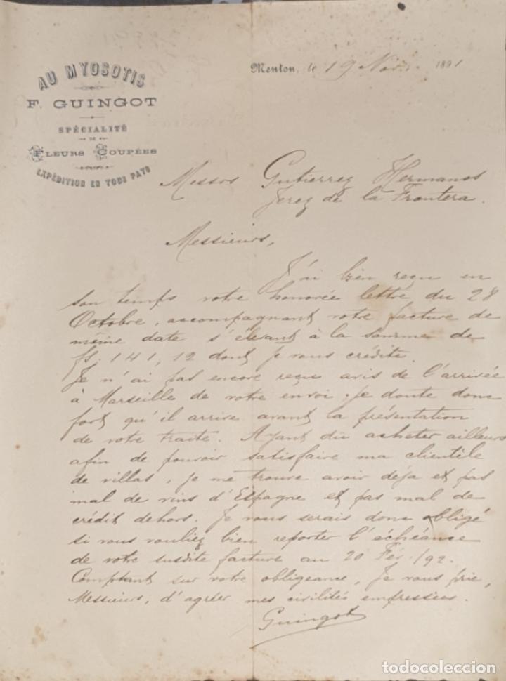 Cartas comerciais: Carta comercial. F. Guingot. Au Myosotis. Menton. Francia 1891