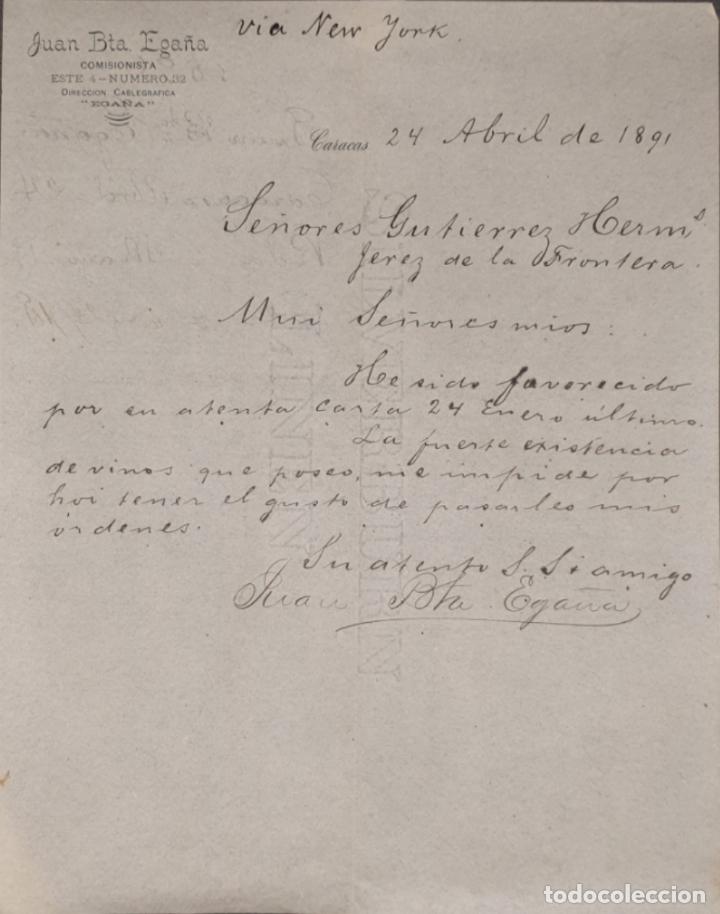 Cartas comerciais: Carta comercial. Juan Bta. Ega&ntilde;a. Comisionista. Caracas. Venezuela 1891