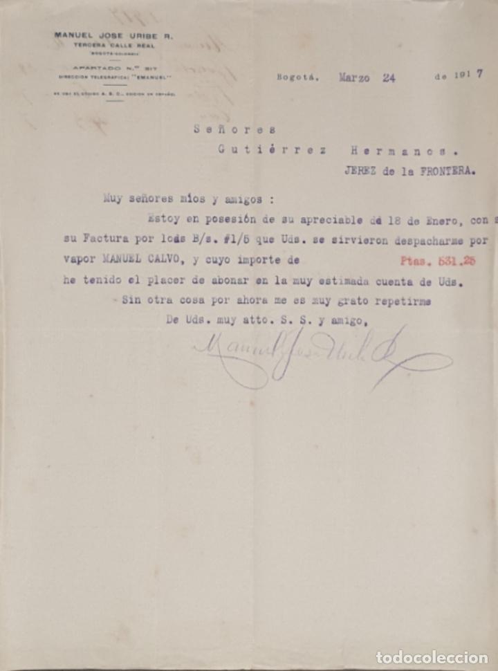 Cartas comerciais: Carta comercial. Manuel Jos&eacute; Uribe R. Bogot&aacute;. Colombia 1917