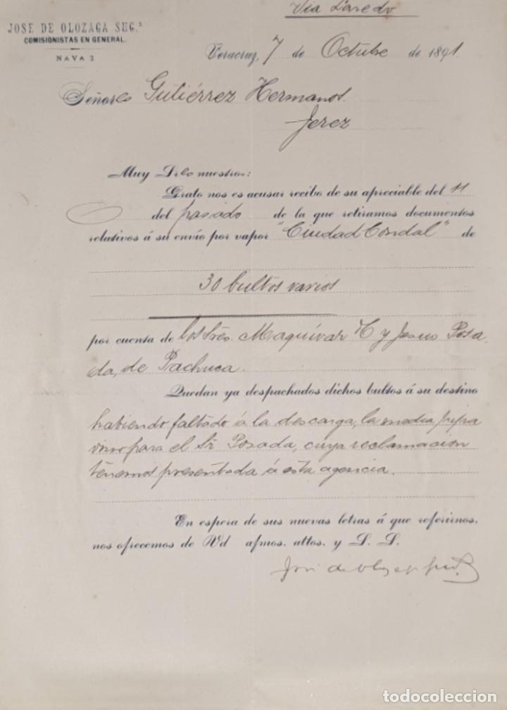 Gesch&auml;ftsbriefe: Carta comercial. Jose de Olozaga Suc. Comisionistas en General. Veracruz. M&eacute;xico 1891