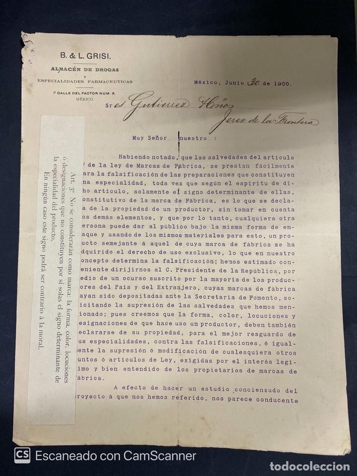 Gesch&auml;ftsbriefe: CARTA COMERCIAL. B. & L. GRISI. DIRIGIDA A GUTIERREZ HNOS. MEXICO, 1900.