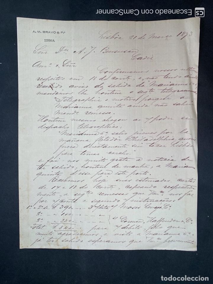 Cartas comerciales: CARTA COMERCIAL. A.M. BRAVO & F&ordm;. PORTUGAL. LISBOA, 1873.