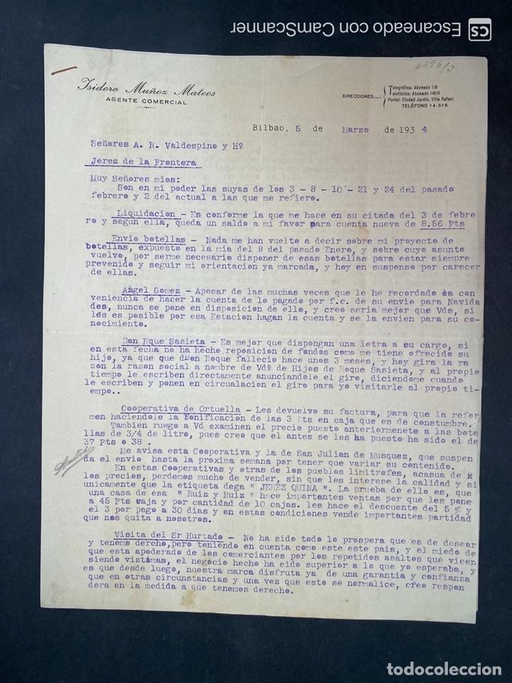 Gesch&auml;ftsbriefe: CARTA COMERCIAL. ISIDORO MU&Ntilde;OZ MATEOS. DIRIGIDA A A.R. VALDESPINO Y H&ordm;. BILBAO, 1934