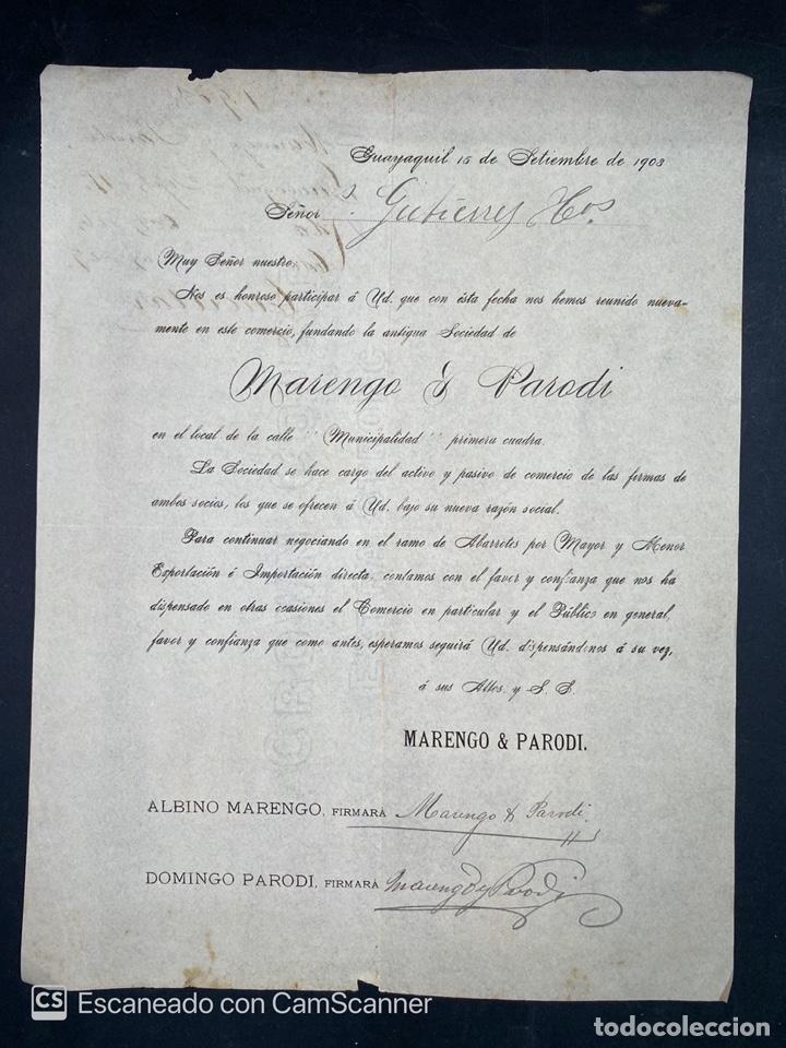 Gesch&auml;ftsbriefe: CARTA COMERCIAL.MARENGO Y PARODI. DIRIGDA A GUTIERREZ HNOS. GUAYAQUIL-ECUADOR, 1903. VER