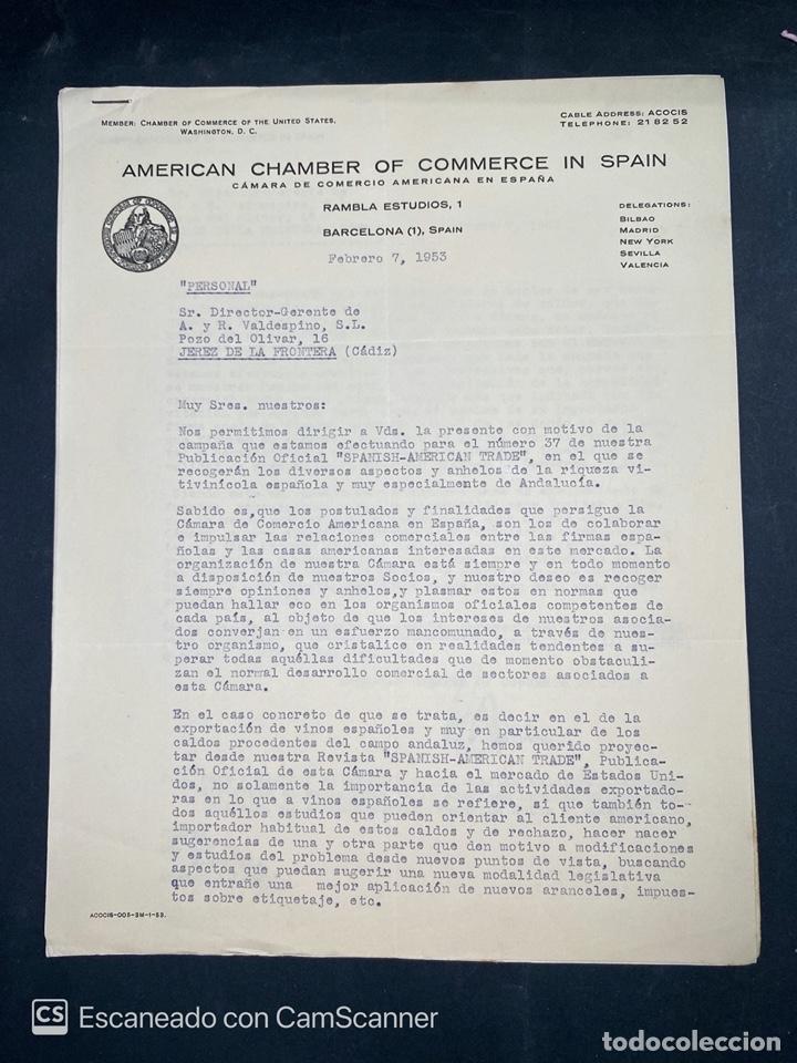 Gesch&auml;ftsbriefe: CARTA COMERCIAL. AMERICAN CHAMBER OF COMMERCE IN SPAIN. DIRIGIDA A.R. VALDESPINO. BARCELONA, 1953
