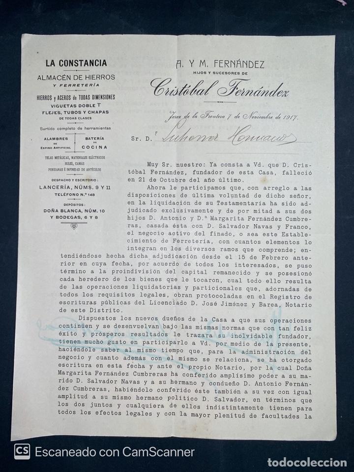 Gesch&auml;ftsbriefe: CARTA COMERCIAL. A. Y M. FERNANDEZ. DIRIGIDA A GUTIERREZ HERMANOS. JEREZ DE LA FRA., 1917. VER