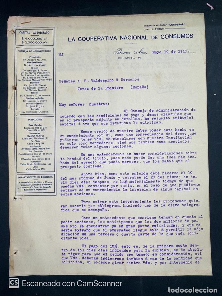 Gesch&auml;ftsbriefe: CARTA COMERCIAL. LA COOPERATIVA NACIONAL DE CONSUMOS. DIRIGIDA A.R. VALDESPINO. BUENOS AIRES, 1911