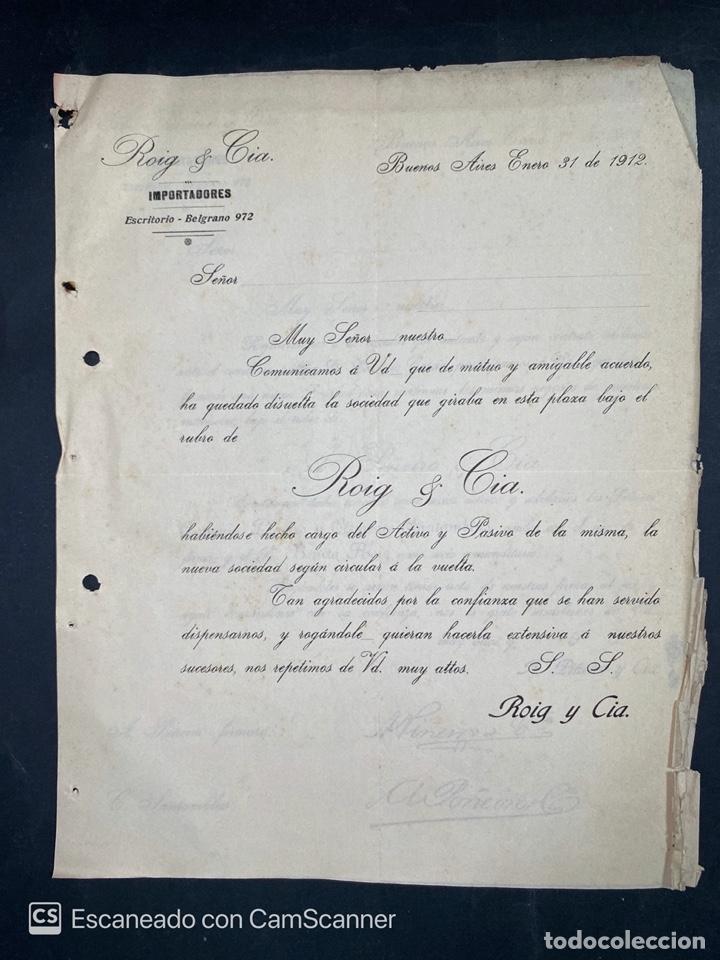 Gesch&auml;ftsbriefe: CARTA COMERCIAL. ROIG Y CIA. BUENOS AIRES-ARGENTINA, 1912. VER