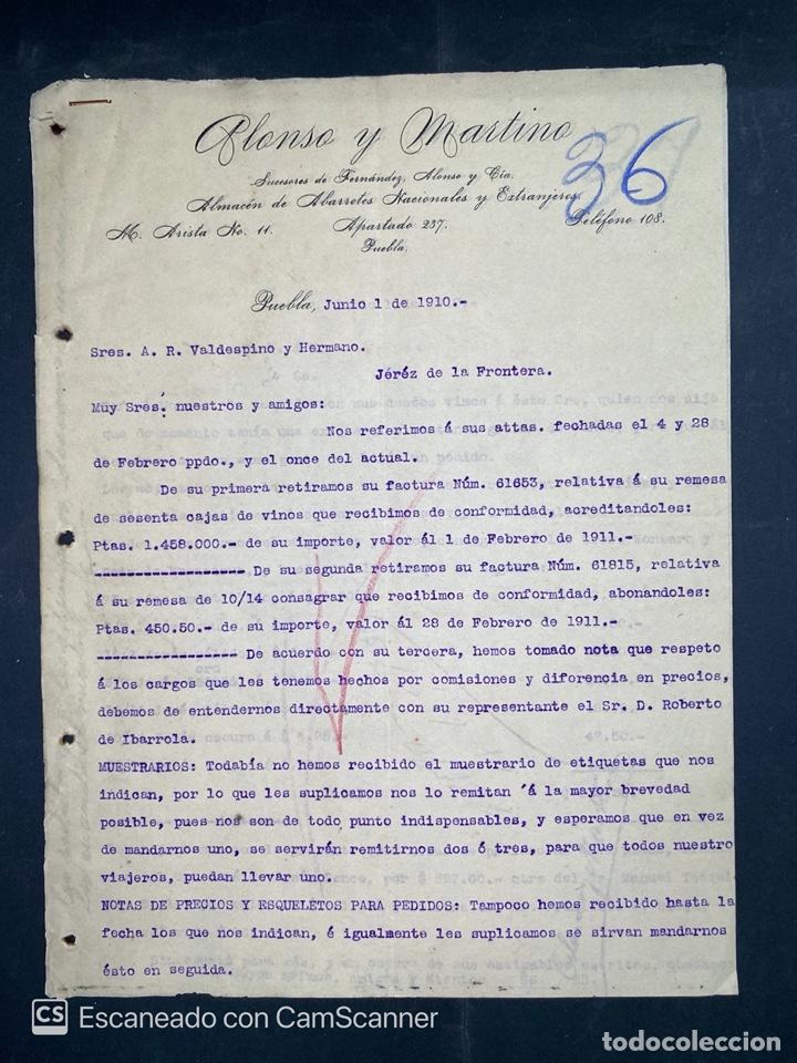 Gesch&auml;ftsbriefe: CARTA COMERCIAL. ALONSO Y MARTINO. DIRIGIDA A.R. VALDESPINO. PUEBLA, 1910. VER