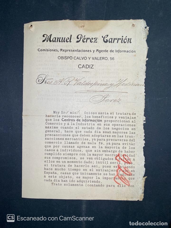 Gesch&auml;ftsbriefe: CARTA COMERCIAL. MANUEL PEREZ Y CARRION. DIRIGIDA A.R. VALDESPINO. CADIZ.