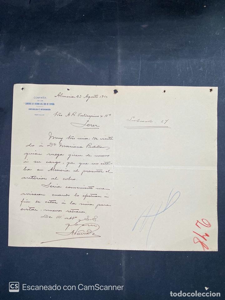 Gesch&auml;ftsbriefe: CARTA COMERCIAL. CAMINOS DE HIERRO DEL SUR DE ESPA&Ntilde;A. DIRIGIDA A A.R. VALDESPINO & HNO. ALMERIA,1910