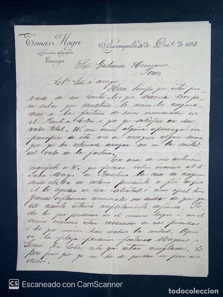 Gesch&auml;ftsbriefe: CARTA COMERCIAL. TOMAS MAGRI. DIRIGIDA A GUTIERREZ HNOS. BARRANQUILLA-COLOMBIA, 1893.