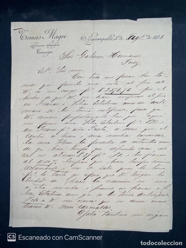 Gesch&auml;ftsbriefe: CARTA COMERCIAL. TOMAS MAGRI. DIRIGIDA A GUTIERREZ HNOS. BARRANQUILLA-COLOMBIA, 1893.