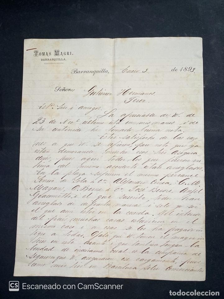 Gesch&auml;ftsbriefe: CARTA COMERCIAL. TOMAS MAGRI. DIRIGIDA A GUTIERREZ HNOS. BARRANQUILLA-COLOMBIA, 1893.