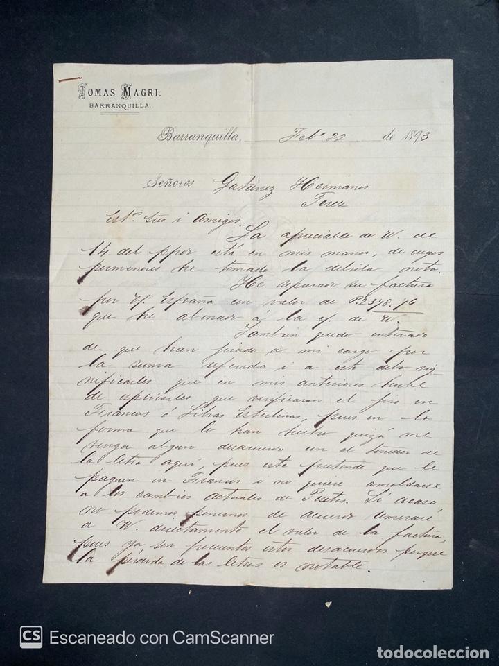 Gesch&auml;ftsbriefe: CARTA COMERCIAL. TOMAS MAGRI. DIRIGIDA A GUTIERREZ HNOS. BARRANQUILLA-COLOMBIA, 1893.