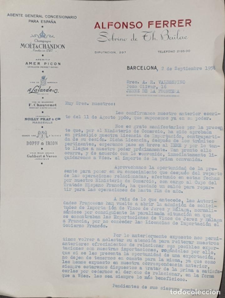 Gesch&auml;ftsbriefe: Carta comercial. Alfonso Ferrer. Sobrino de Th. Ba&iuml;lac. Agente General. Barcelona 1958