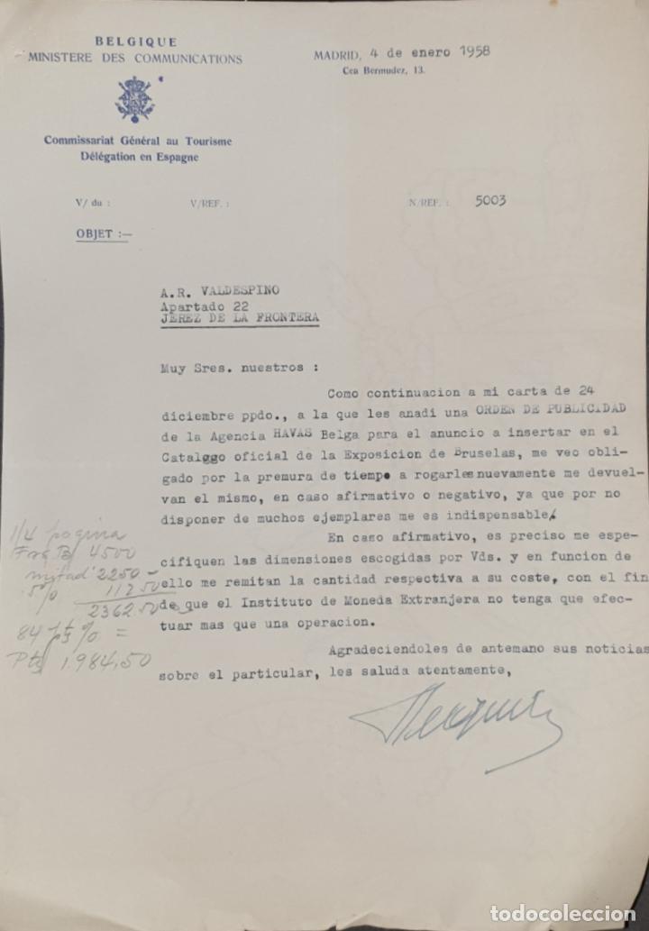 Gesch&auml;ftsbriefe: Carta comercial. Commissariat G&eacute;n&eacute;ral au Tourisme D&eacute;l&eacute;gation en Espagne. Belgique. Madrid 1958
