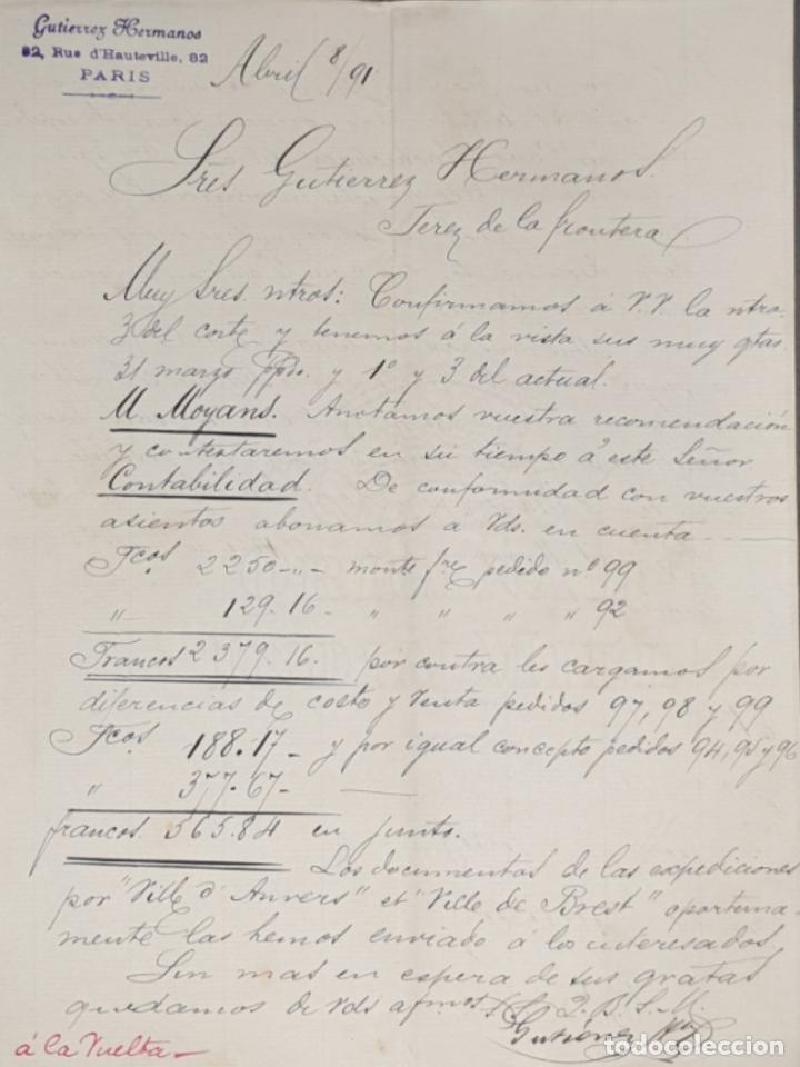 Gesch&auml;ftsbriefe: Carta comercial. Gutierrez Hermanos. Par&iacute;s 1891
