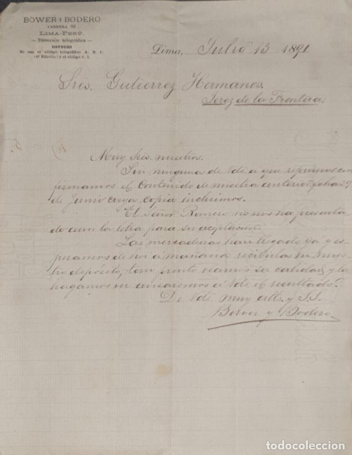 Gesch&auml;ftsbriefe: Carta comercial. Bower y Bodero. Lima- Per&uacute; 1891