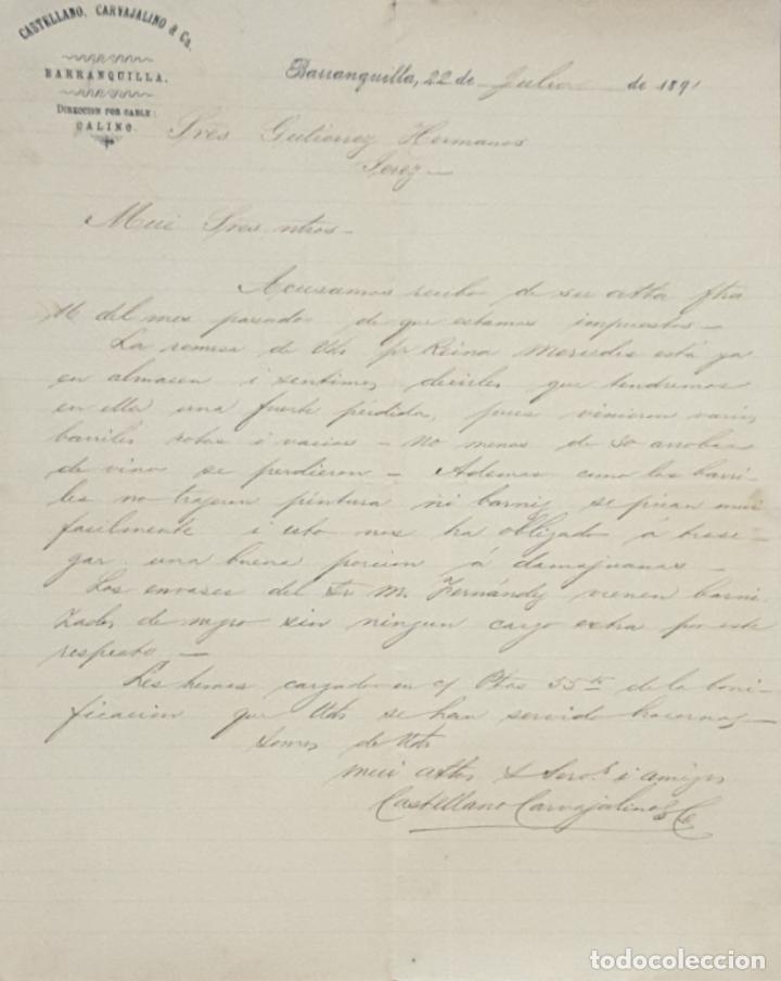 Gesch&auml;ftsbriefe: Carta comercial. Castellano, Carvajalino & C&ordf;. BArranquilla. Colombia 1891