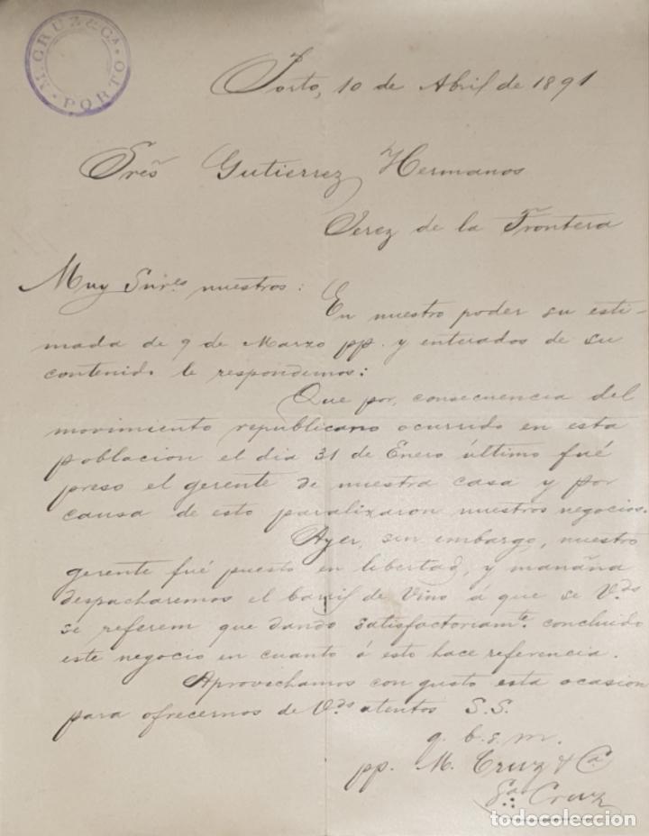 Gesch&auml;ftsbriefe: Carta comercial. M. Cruz & C&iacute;a. Oporto. Portugal 1891