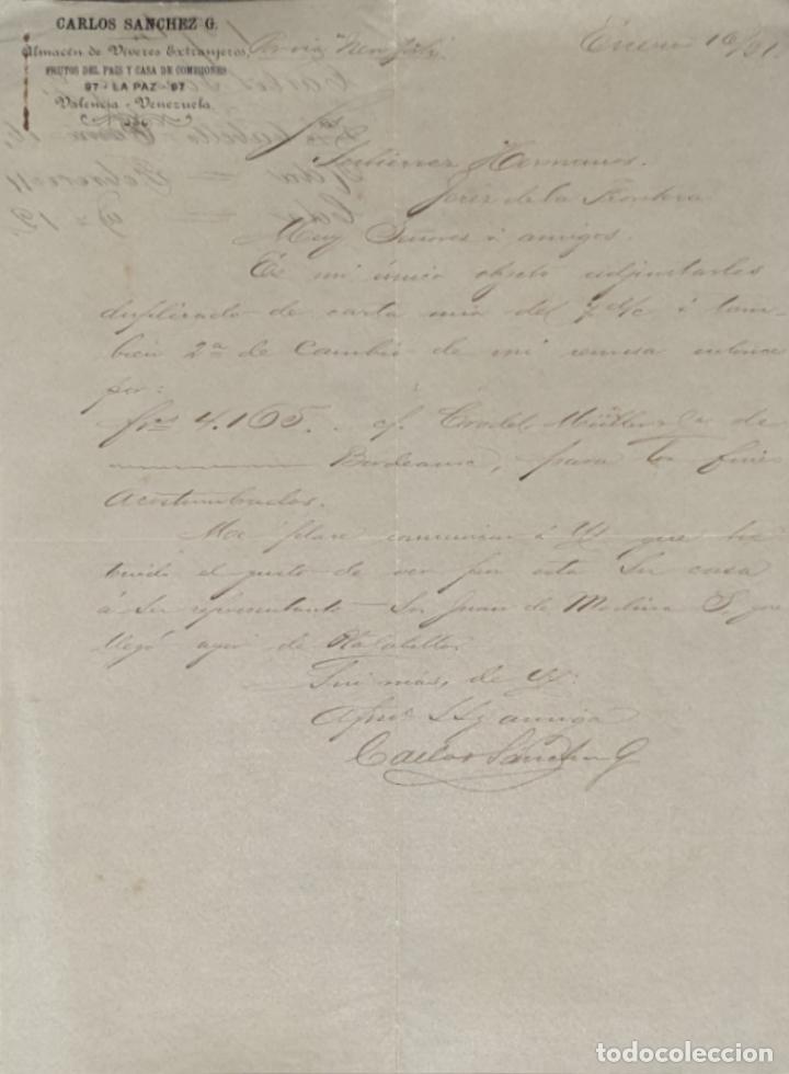 Gesch&auml;ftsbriefe: Carta comercial. Carlos S&aacute;nchez G. Almac&eacute;n de v&iacute;veres Extranjeros. Valencia. Venezuela 1891