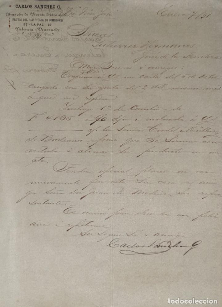 Gesch&auml;ftsbriefe: Carta comercial. Carlos S&aacute;nchez G. Almac&eacute;n de v&iacute;veres Extranjeros. Valencia. Venezuela 1891