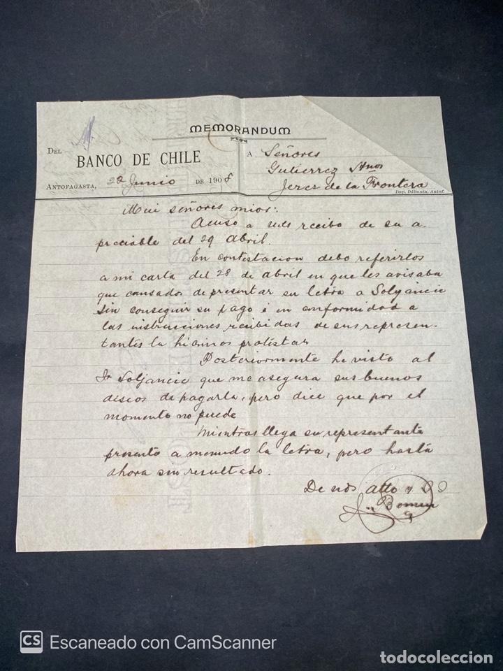 Gesch&auml;ftsbriefe: MEMORANDUM. BANCO DE CHILE. DIRIGIDO A GUTIERREZ HNOS. ANTOFAGASTA-CHILE, 1908.