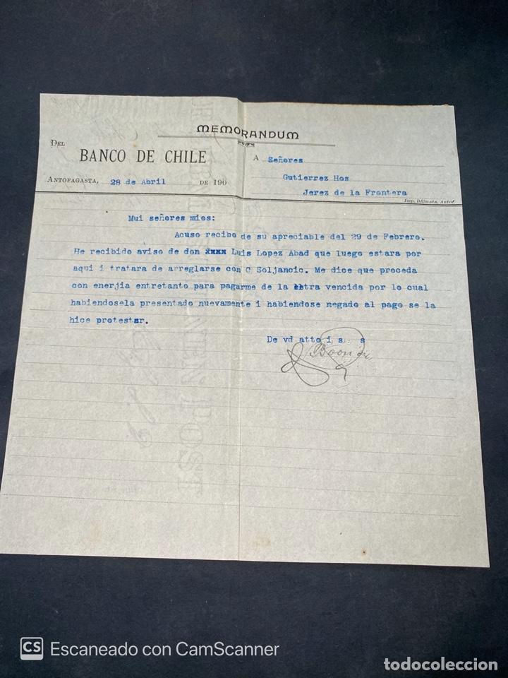 Gesch&auml;ftsbriefe: MEMORANDUM. BANCO DE CHILE. DIRIGIDO A GUTIERREZ HNOS. ANTOFAGASTA-CHILE, 1908.