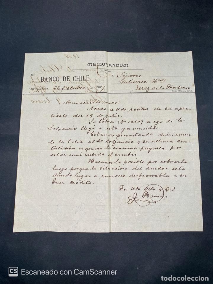 Gesch&auml;ftsbriefe: MEMORANDUM. BANCO DE CHILE. DIRIGIDO A GUTIERREZ HNOS. ANTOFAGASTA-CHILE, 1908.